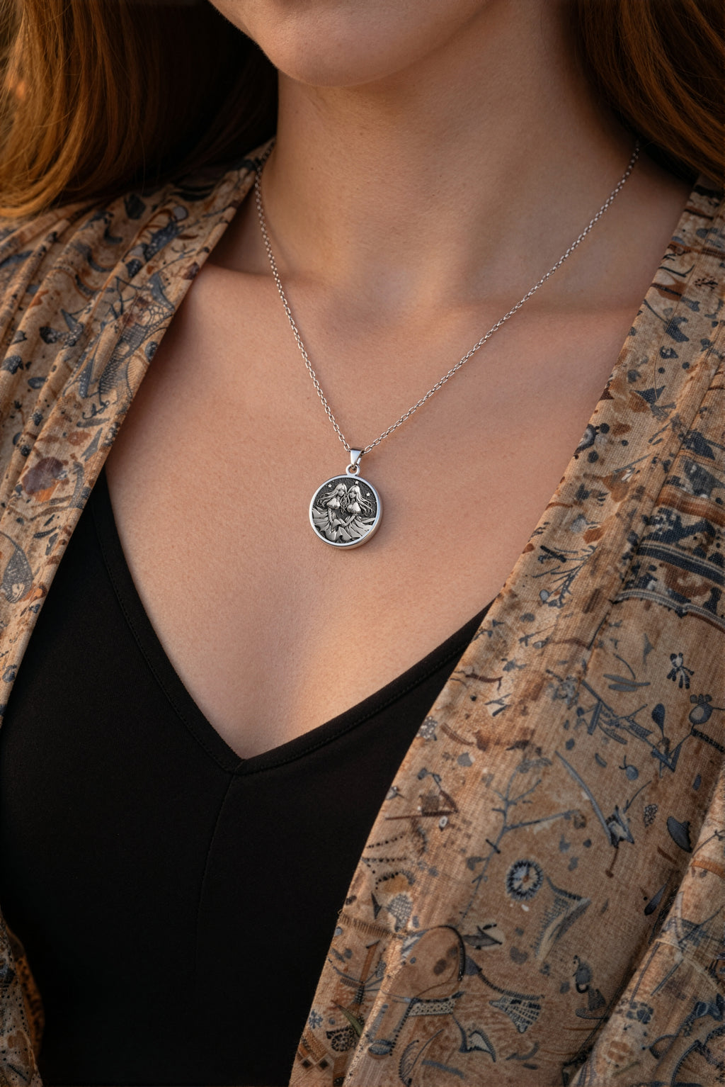 Gemini Zodiac Astrological Sign Necklace Necklaces 925 925 Sterling Silver engraved portrait pendant necklace with a detailed design.