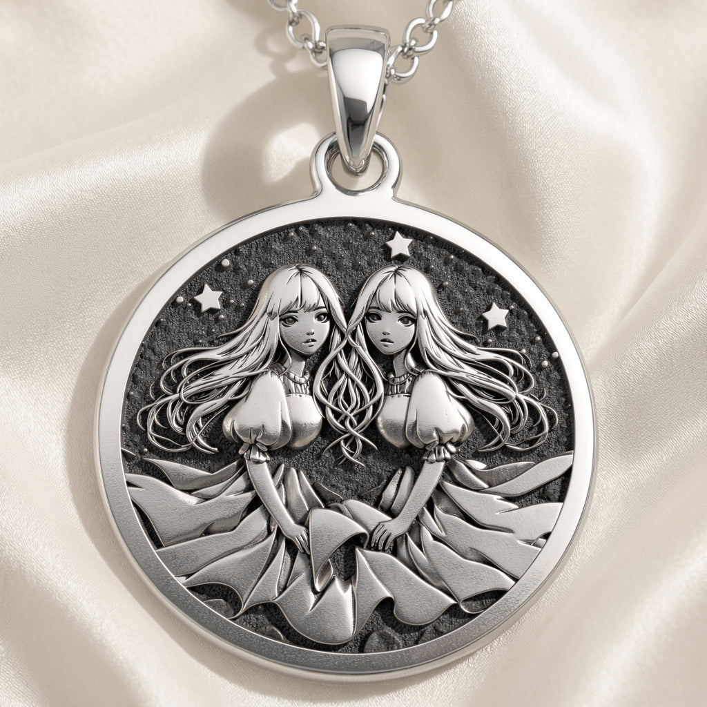 Gemini Zodiac Astrological Sign Necklace Necklaces 925 925 Sterling Silver pendant necklace featuring two stylized women illustration in a circular frame.