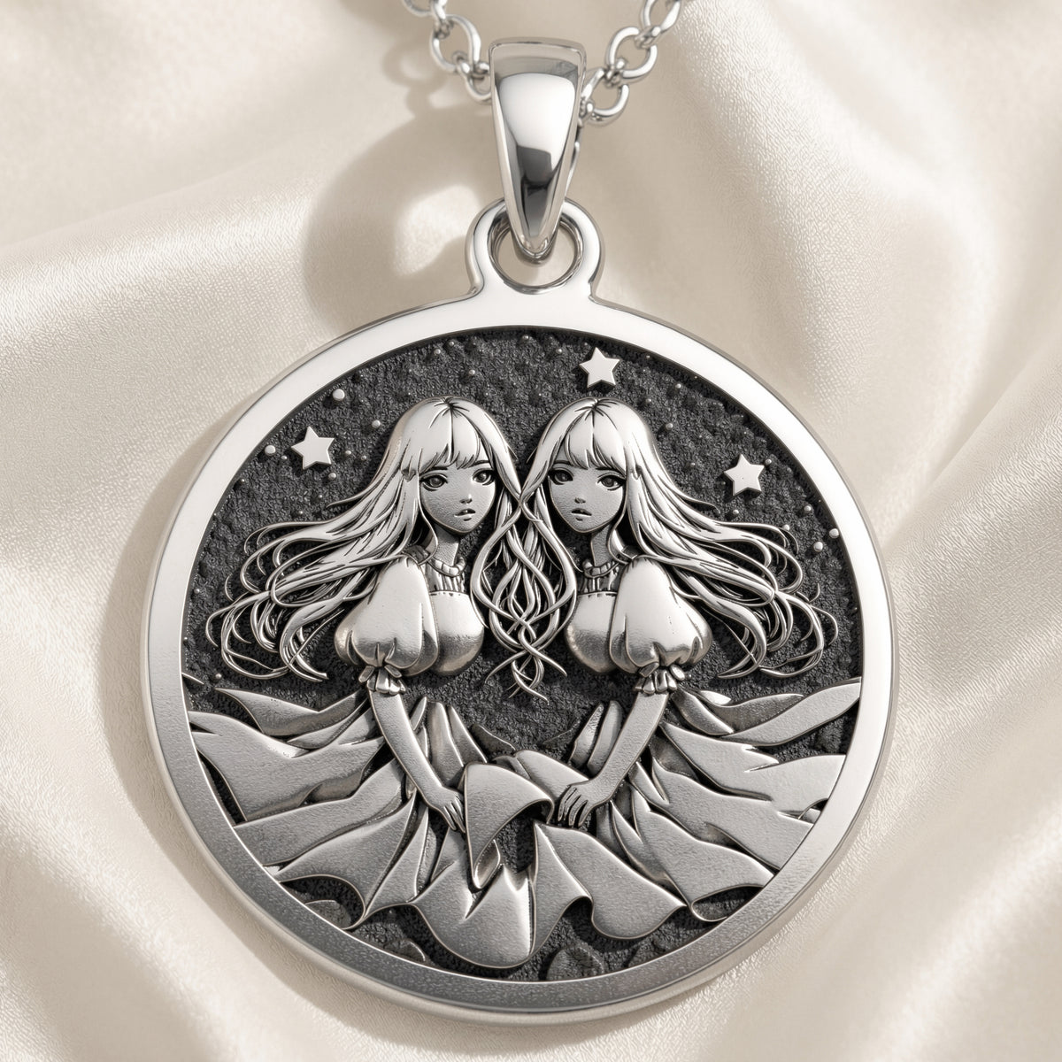 Gemini Zodiac Astrological Sign Necklace Necklaces 925 925 Sterling Silver pendant necklace featuring two stylized women illustration in a circular frame.