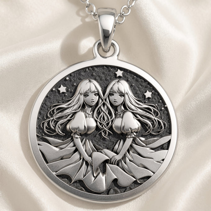 Gemini Zodiac Astrological Sign Necklace Necklaces 925 925 Sterling Silver pendant necklace featuring two stylized women illustration in a circular frame.