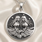 Gemini Zodiac Astrological Sign Necklace Necklaces 925 925 Sterling Silver pendant necklace featuring two stylized women illustration in a circular frame.