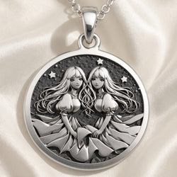 Gemini Zodiac Astrological Sign Necklace Necklaces 925 925 Sterling Silver pendant necklace featuring two stylized women illustration in a circular frame.
