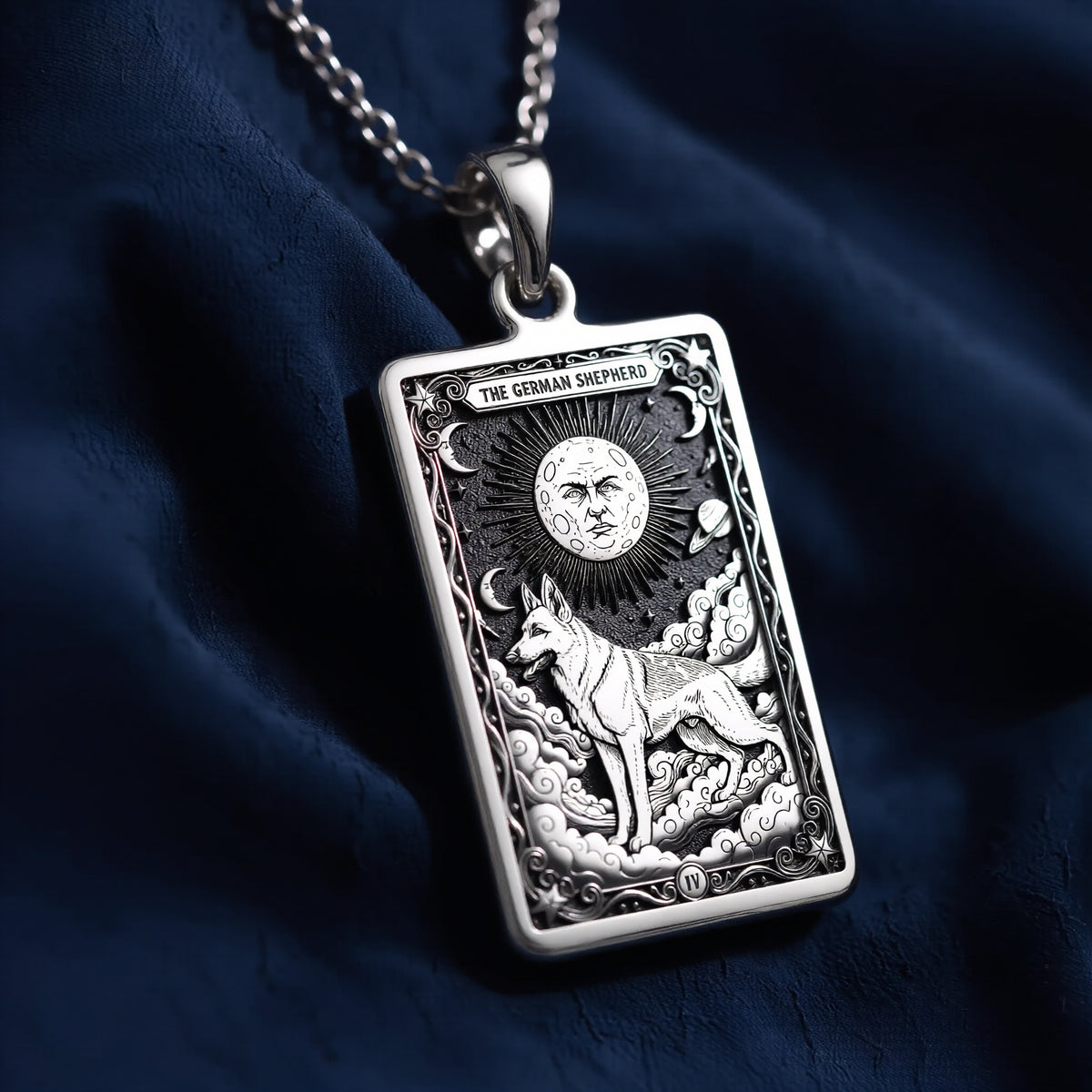 An heirloom-quality 14K solid gold German Shepherd tarot pendant. The art shows the noble dog in a "Sun" card, symbolizing a bright spirit, a precious dog mom gift.
