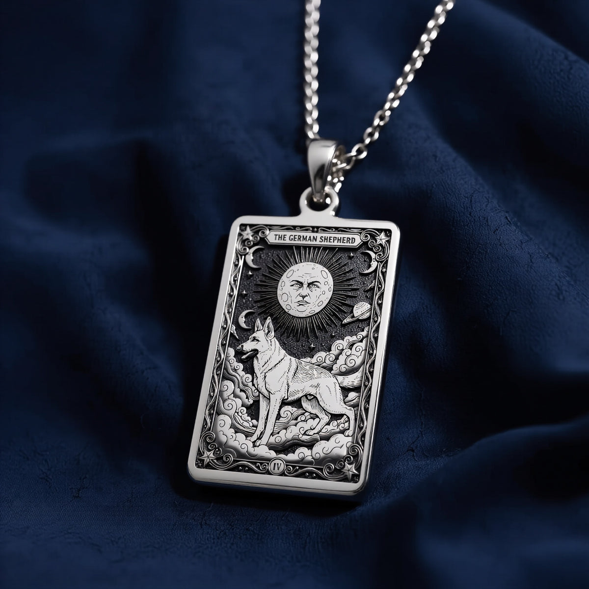 A personalized 925 sterling silver German Shepherd necklace. This gift celebrates the intelligent spirit of the GSD, a cherished pet memorial keepsake.
