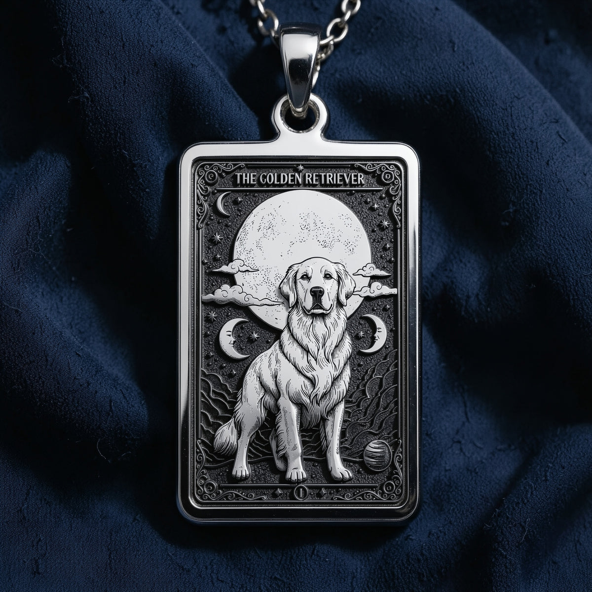 An heirloom-quality 14K solid gold Golden Retriever tarot pendant. The art shows the loyal dog under the moon, symbolizing friendship, a precious dog mom gift.
