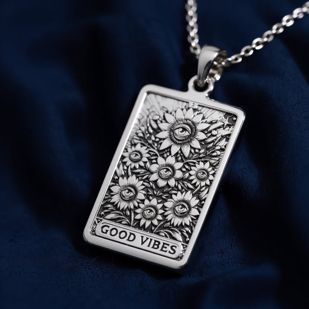 Silver rectangular pendant featuring an intricate sunflower and floral design with a decorative border and the text "GOOD VIBES". The pendant is attached to a silver chain and displayed on black fabric with various colored gemstones.