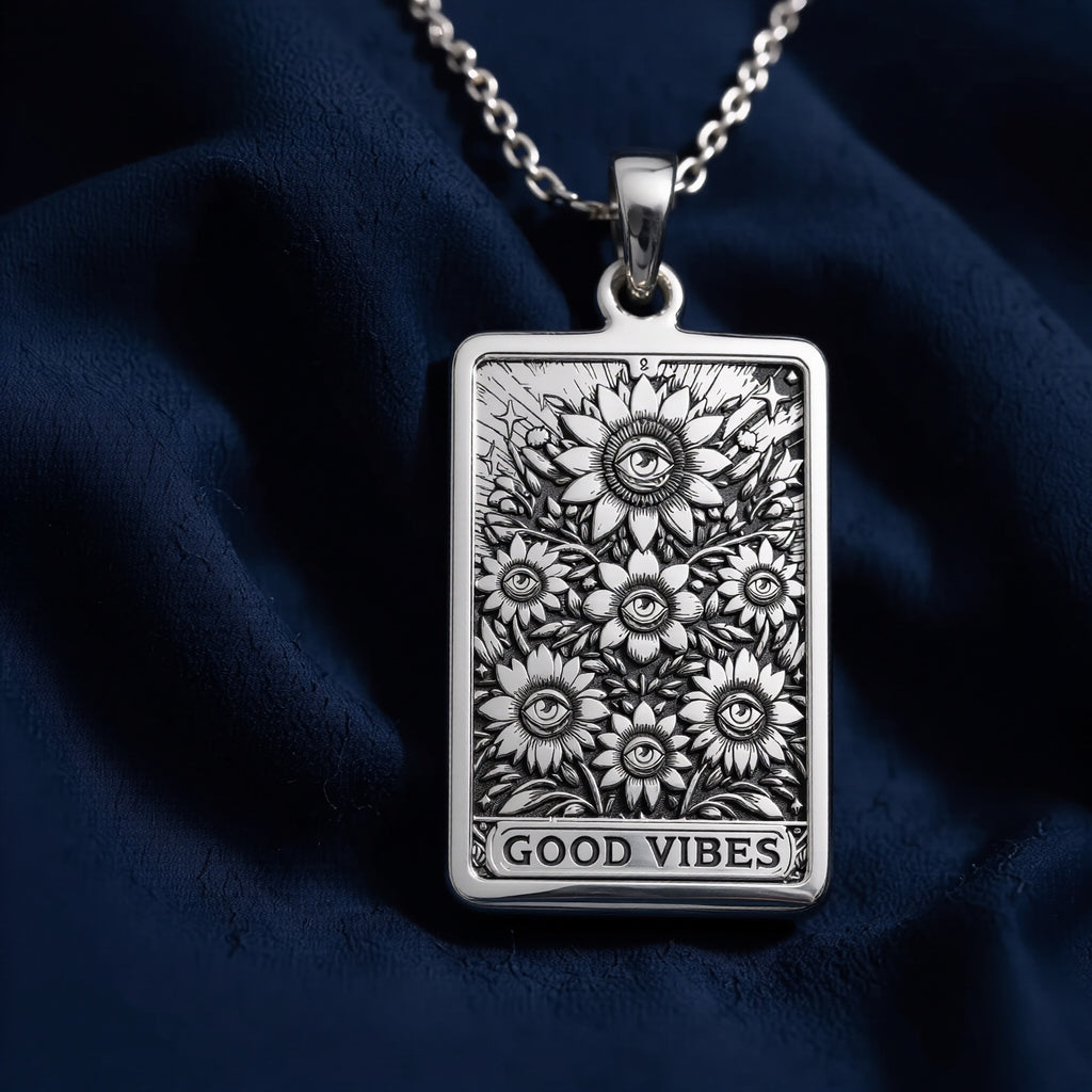 Silver rectangular pendant showing a detailed sunflower and floral pattern with a border and the text "GOOD VIBES". The pendant is worn on a silver chain, resting on black velvet fabric surrounded by loose gemstones.