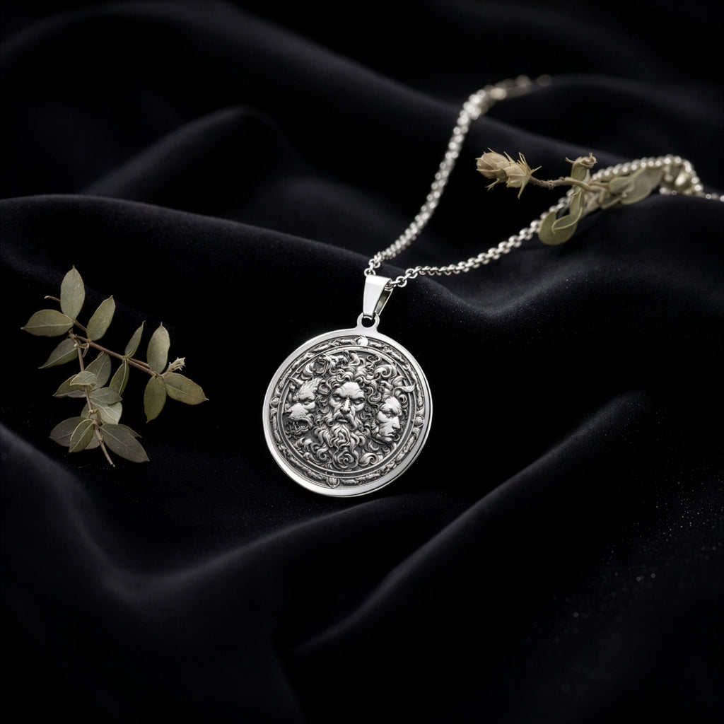 Hades Three-Headed Dog Talisman Necklace Necklaces 925 925 Sterling Silver skull and foliage pendant necklace on black fabric