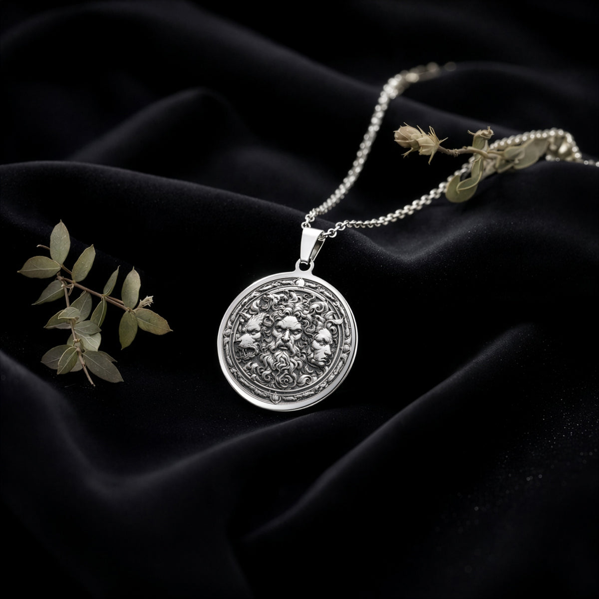 Hades Three-Headed Dog Talisman Necklace Necklaces 925 925 Sterling Silver skull and foliage pendant necklace on black fabric