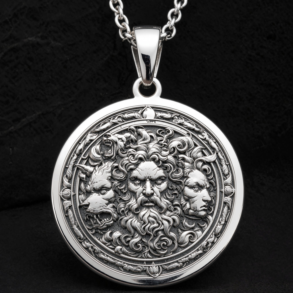 Hades Three-Headed Dog Talisman Necklace Necklaces 925 925 Sterling Silver round pendant with two bearded faces in an ornate classical style necklace