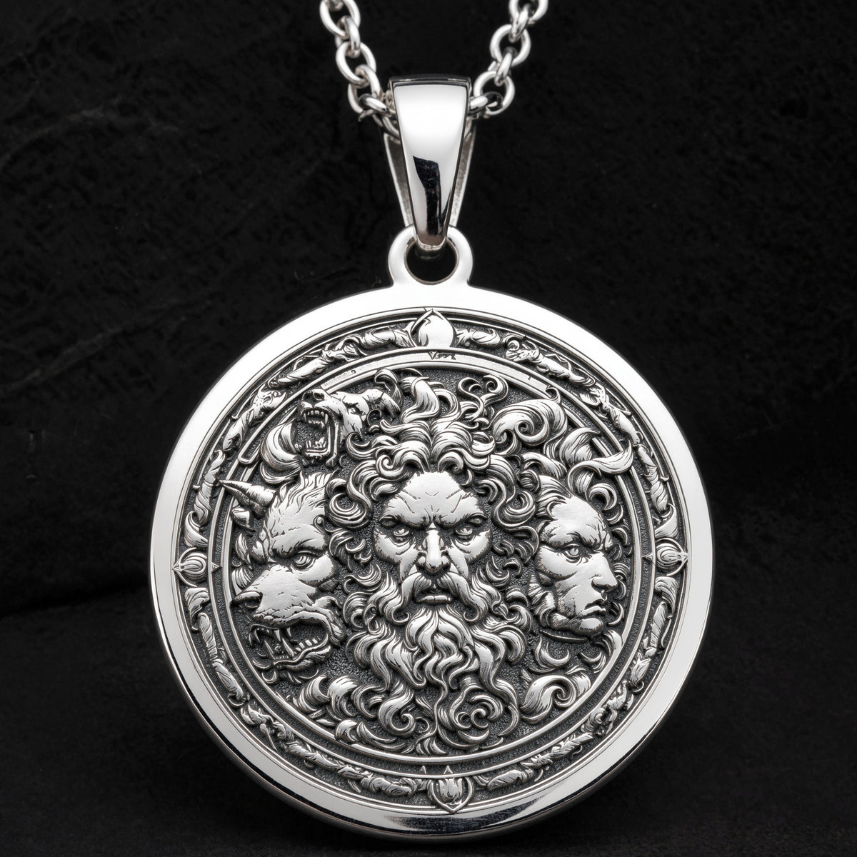 Hades Three-Headed Dog Talisman Necklace Necklaces 925 925 Sterling Silver round pendant with two bearded faces in an ornate classical style necklace