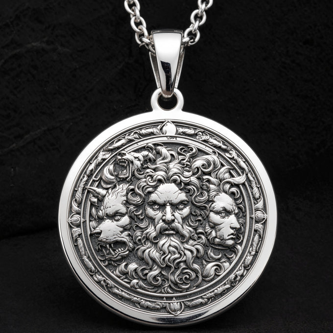 Hades Three-Headed Dog Talisman Necklace Necklaces 925 925 Sterling Silver round pendant with two bearded faces in an ornate classical style necklace
