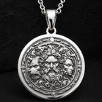 Hades Three-Headed Dog Talisman Necklace Necklaces 925 925 Sterling Silver round pendant with two bearded faces in an ornate classical style necklace