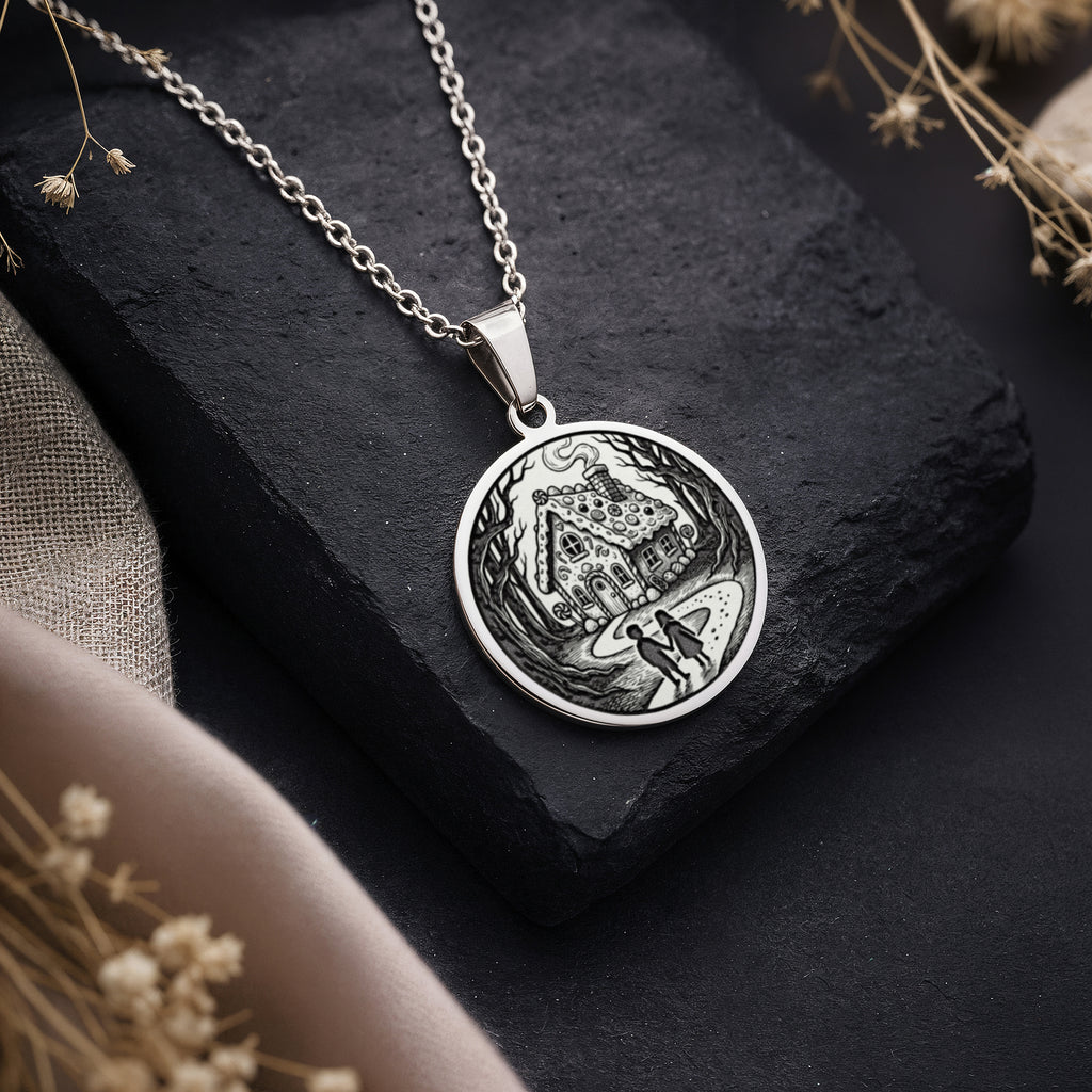 925 925 Sterling Silver Hansel and Gretel Fairy Tale Art Pendant Necklaces Oxidized silver pendant necklace featuring a detailed cottage illustration design.