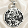 Hansel and Gretel Fairy Tale Art Pendant Necklaces 925 925 Sterling Silver pendant featuring a vintage cottage illustration with figures in a forest setting.