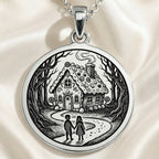 Hansel and Gretel Fairy Tale Art Pendant Necklaces 925 925 Sterling Silver pendant featuring a vintage cottage illustration with figures in a forest setting.