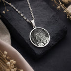 925 925 Sterling Silver Hansel & Gretel Fairy Tale Coin Necklace Necklaces Oxidized silver house illustration pendant necklace with vintage rustic style