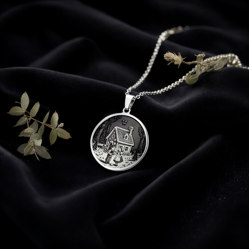Hansel & Gretel Fairy Tale Coin Necklace Necklaces 925 925 Sterling Silver engraved house scene pendant necklace on black fabric