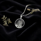 Hansel & Gretel Fairy Tale Coin Necklace Necklaces 925 925 Sterling Silver engraved house scene pendant necklace on black fabric