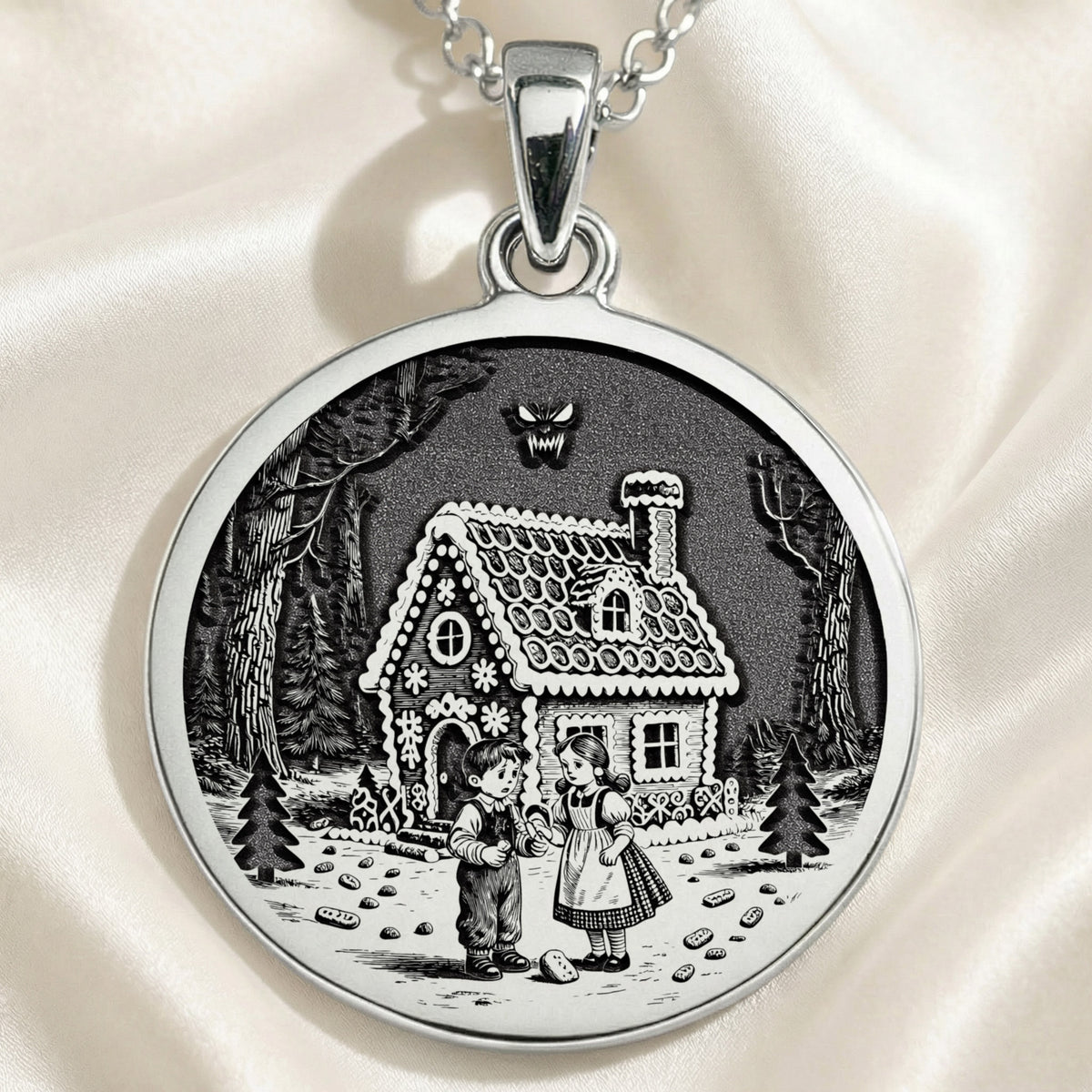Hansel & Gretel Fairy Tale Coin Necklace Necklaces 925 925 Sterling Silver pendant featuring a vintage cottage and children illustration with a wolf silhouette.