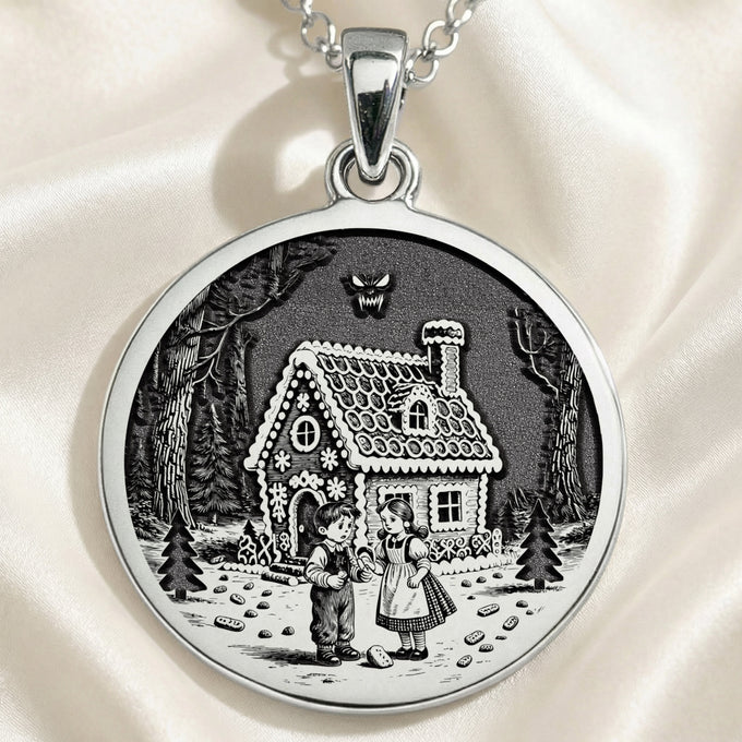 Hansel & Gretel Fairy Tale Coin Necklace Necklaces 925 925 Sterling Silver pendant featuring a vintage cottage and children illustration with a wolf silhouette.