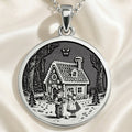 Hansel & Gretel Fairy Tale Coin Necklace Necklaces 925 925 Sterling Silver pendant featuring a vintage cottage and children illustration with a wolf silhouette.