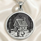 Hansel & Gretel Fairy Tale Coin Necklace Necklaces 925 925 Sterling Silver pendant featuring a vintage cottage and children illustration with a wolf silhouette.