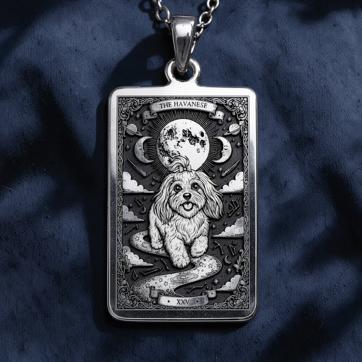 An heirloom-quality 14K solid gold Havanese tarot pendant. The art shows the fluffy dog under the moon, symbolizing a cheerful spirit, a precious dog mom gift.