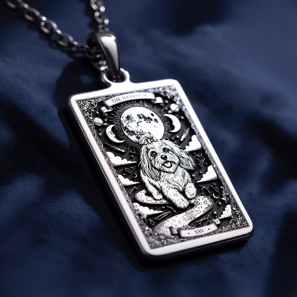 Havanese Tarot Pendant Necklace - Silver Dog Card Charm - 925 Sterling Silver