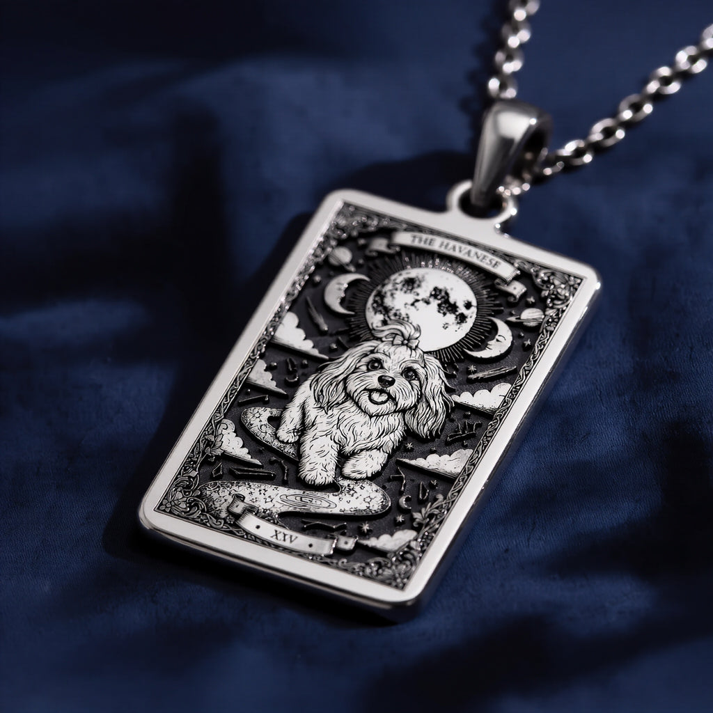 Havanese Tarot Pendant Necklace - Silver Dog Card Charm - 925 Sterling Silver