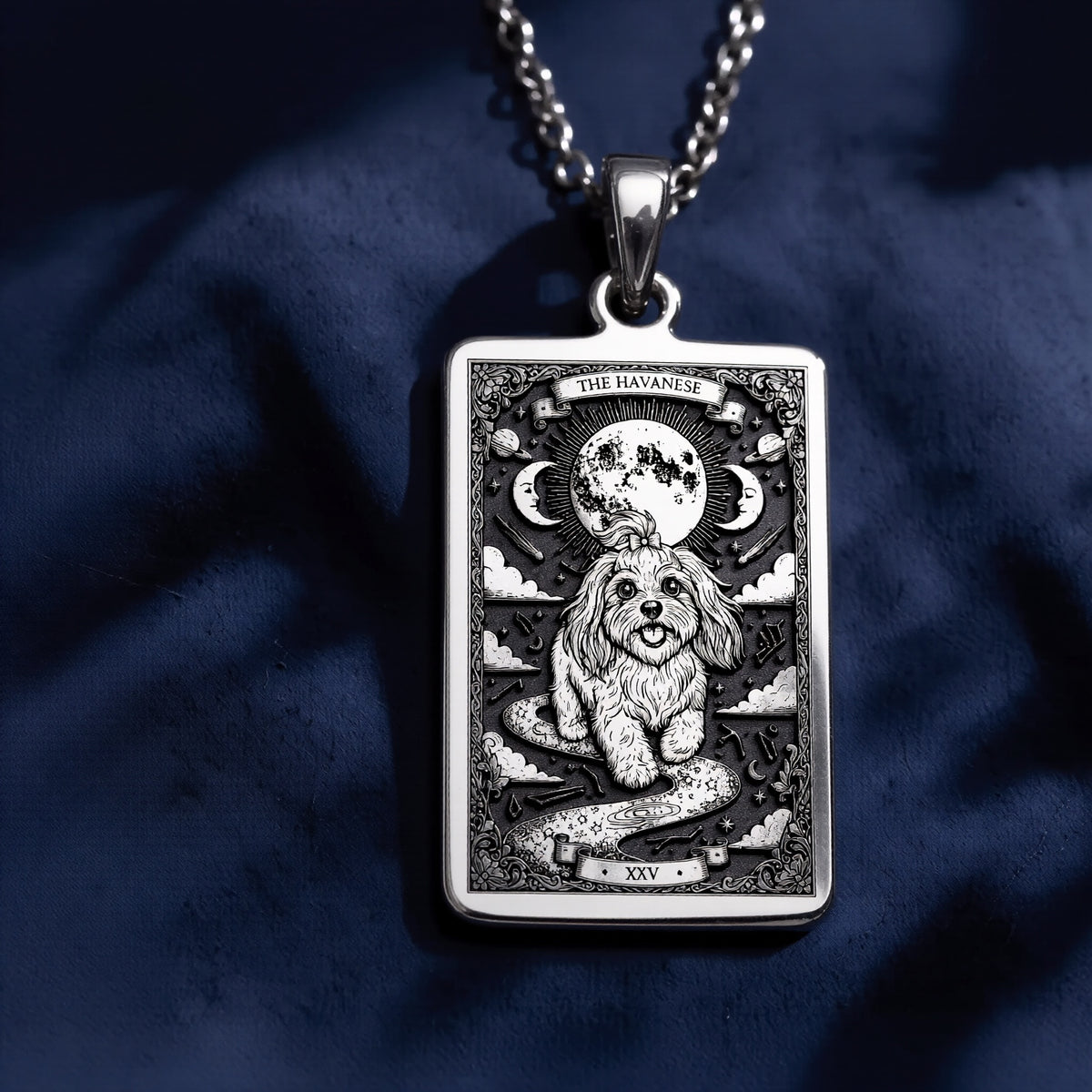 Havanese Tarot Pendant Necklace - Silver Dog Card Charm - 925 Sterling Silver