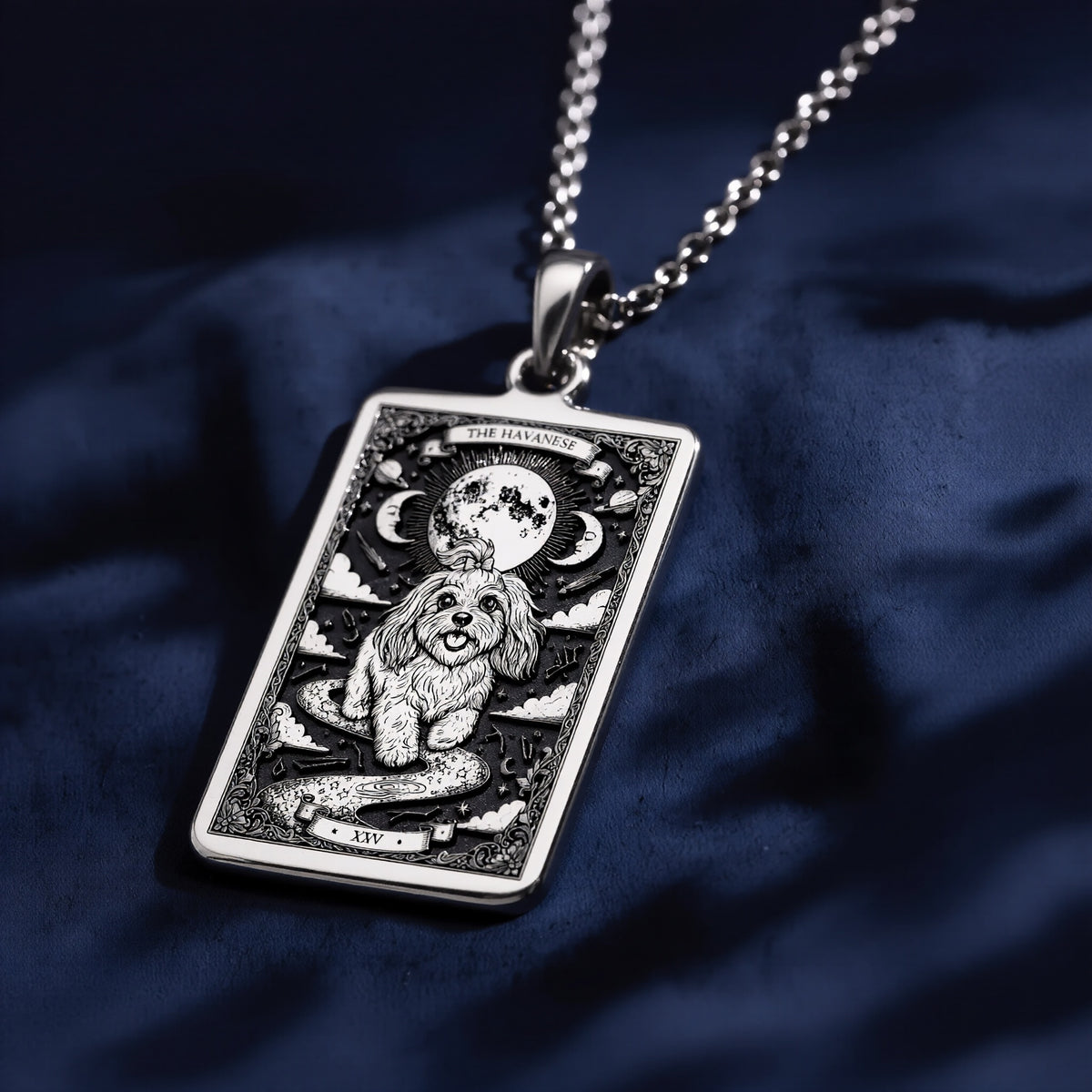 A personalized 925 sterling silver Havanese necklace. This gift celebrates the joyful heart of the Havanese, a cherished pet memorial keepsake.