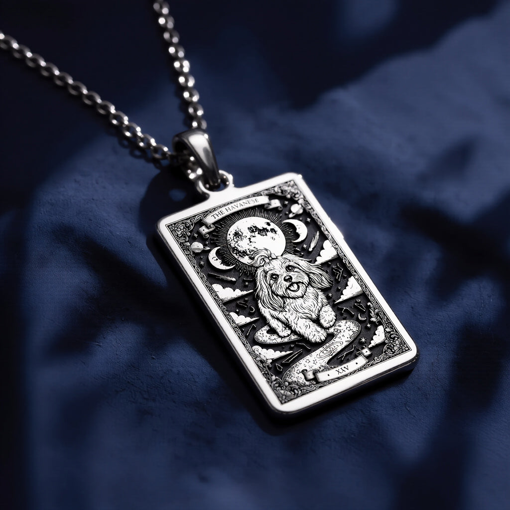 Havanese Tarot Pendant Necklace - Silver Dog Card Charm - 925 Sterling Silver