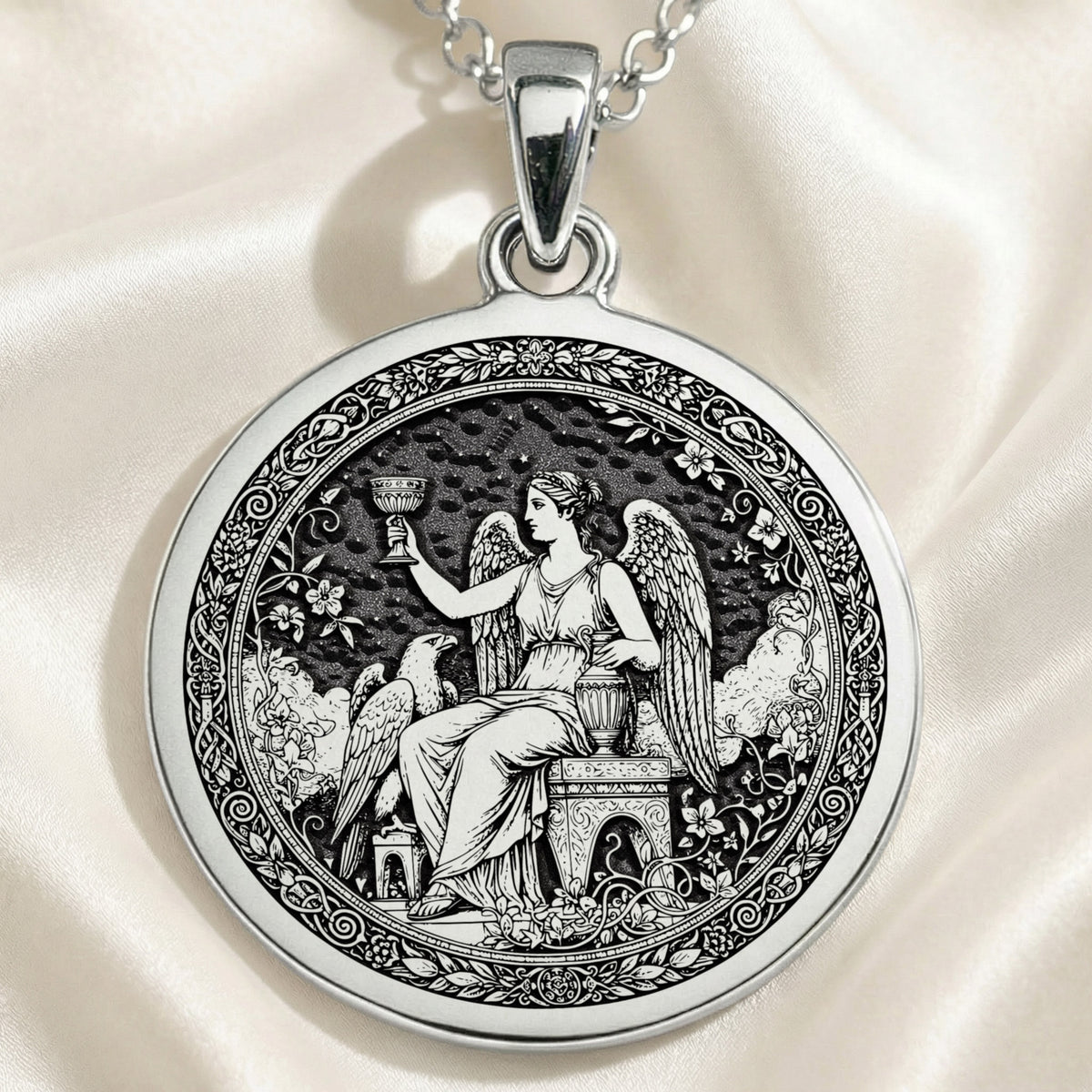 Goddess of Youth Hebe Pendant Necklaces 925 925 Sterling Silver pendant featuring a seated winged goddess design with an ornate circular frame.