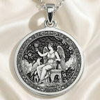 Goddess of Youth Hebe Pendant Necklaces 925 925 Sterling Silver pendant featuring a seated winged goddess design with an ornate circular frame.