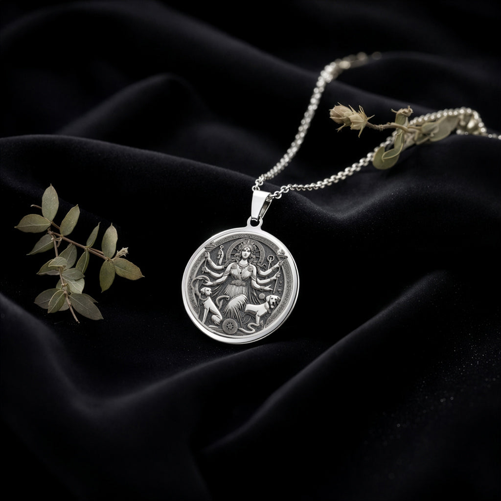 Sterling silver Triple Moon Hecate Goddess Necklace: round  of Hecate Greek goddess wit...