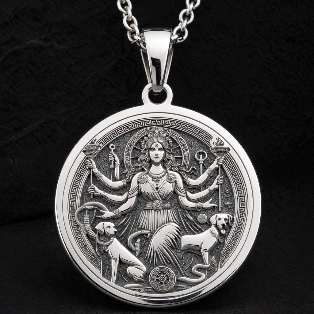 Sterling silver Triple Moon Hecate Goddess Necklace: round  of Hecate Greek goddess wit...