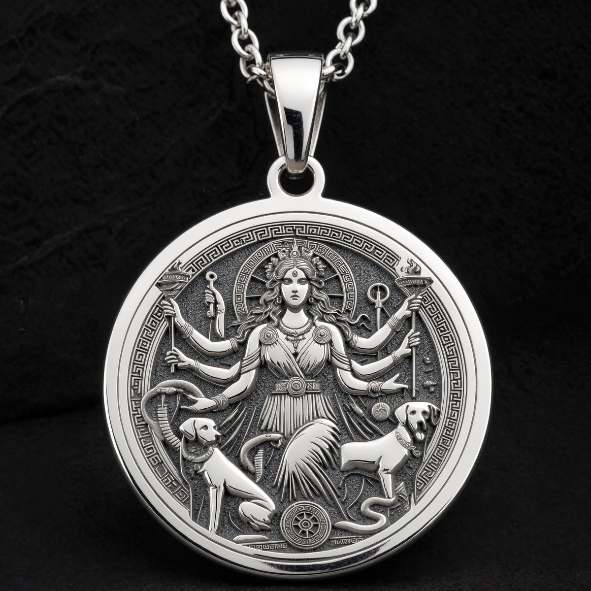 Sterling silver Triple Moon Hecate Goddess Necklace: round  of Hecate Greek goddess wit...