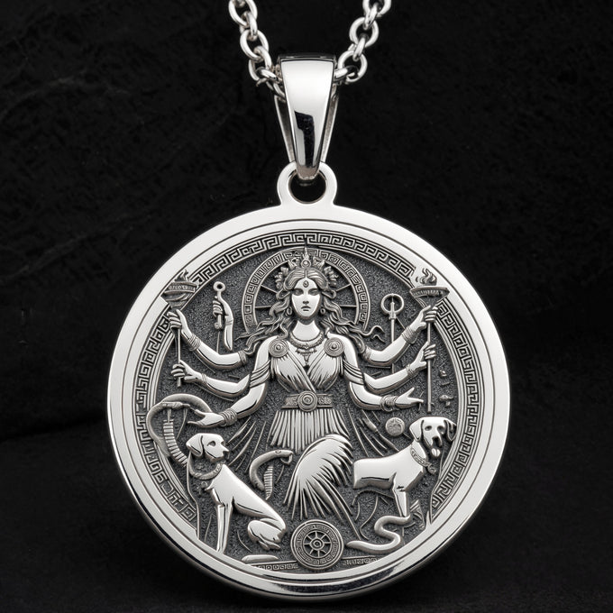 Sterling silver Triple Moon Hecate Goddess Necklace: round  of Hecate Greek goddess wit...