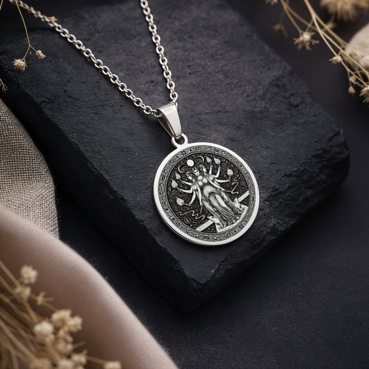 Hecate Goddess Pendant Necklaces 925 925 Sterling Silver pendant necklace featuring an ornate mythological female figure design.