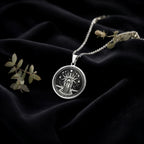 Hecate Goddess Pendant Necklaces 925 925 Sterling Silver round pendant featuring a draped classical female figure on black velvet.
