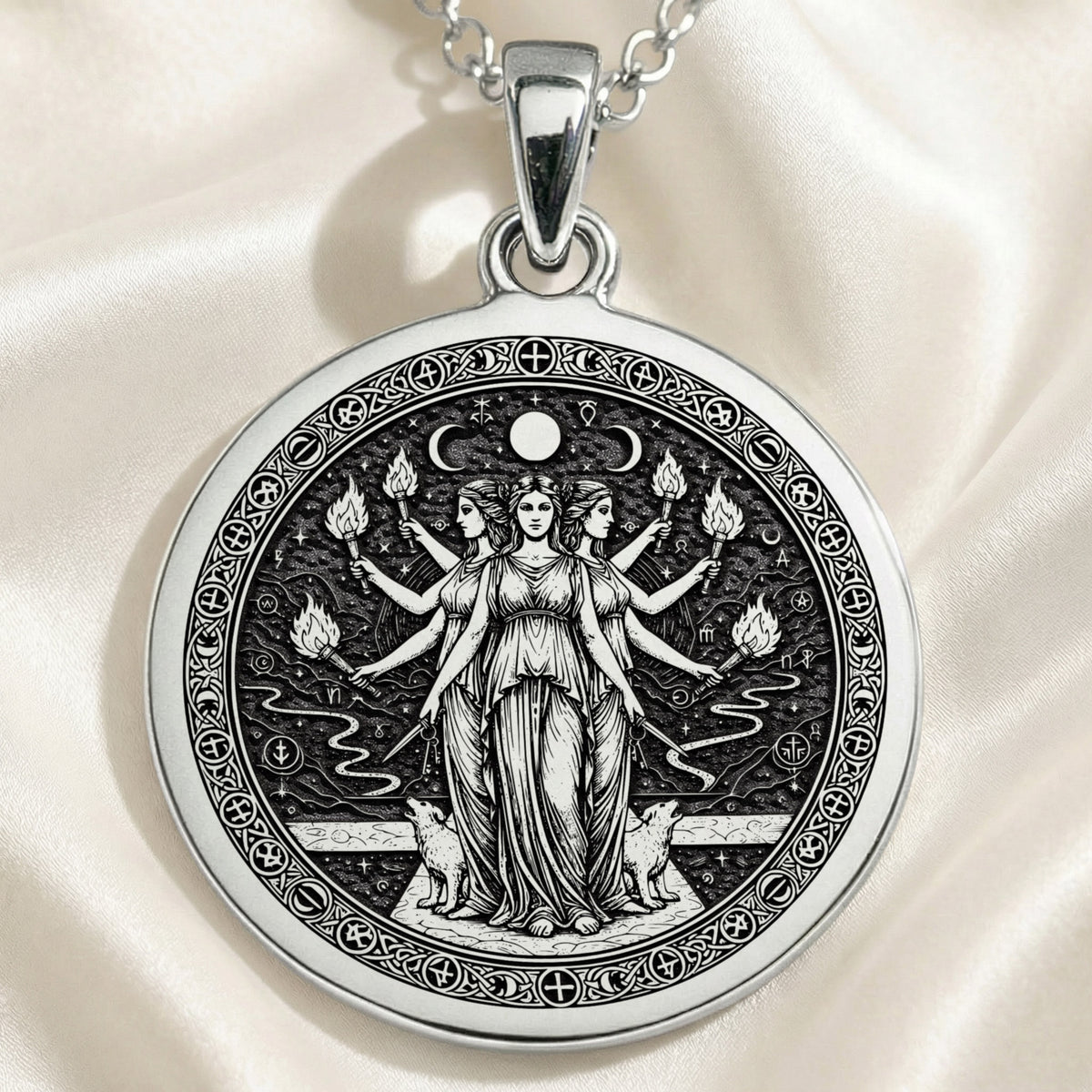 Hecate Goddess Pendant Necklaces 925 925 Sterling Silver pendant featuring a classical allegorical scene of female figures holding flames in an ornate circular design.