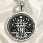Hecate Goddess Pendant Necklaces 925 925 Sterling Silver pendant featuring a classical allegorical scene of female figures holding flames in an ornate circular design.