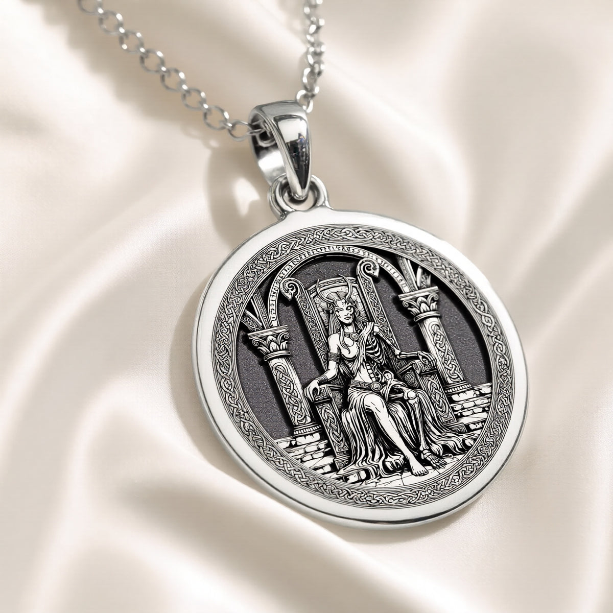 Hel Goddess Pendant Necklace Necklaces 925 925 Sterling Silver pendant necklace featuring a seated classical female figure in an ornate frame.