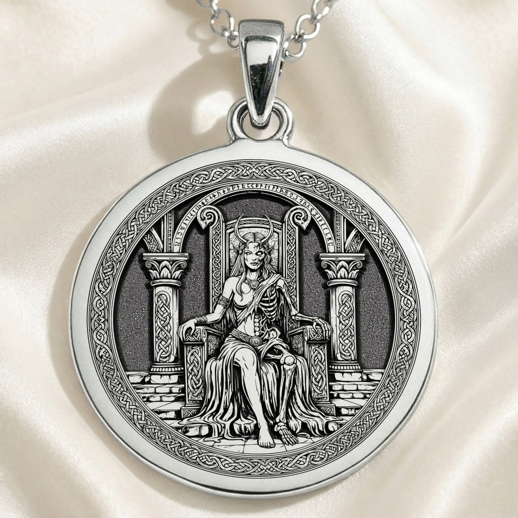 Hel Goddess Pendant Necklace Necklaces 925 925 Sterling Silver pendant necklace featuring a seated classical figure design on a round frame.