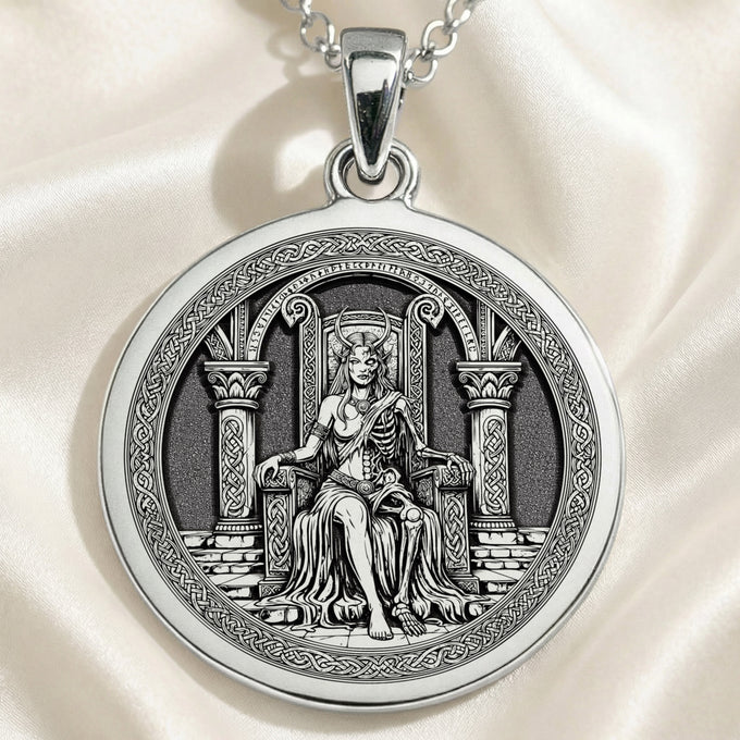 Hel Goddess Pendant Necklace Necklaces 925 925 Sterling Silver pendant necklace featuring a seated classical figure design on a round frame.