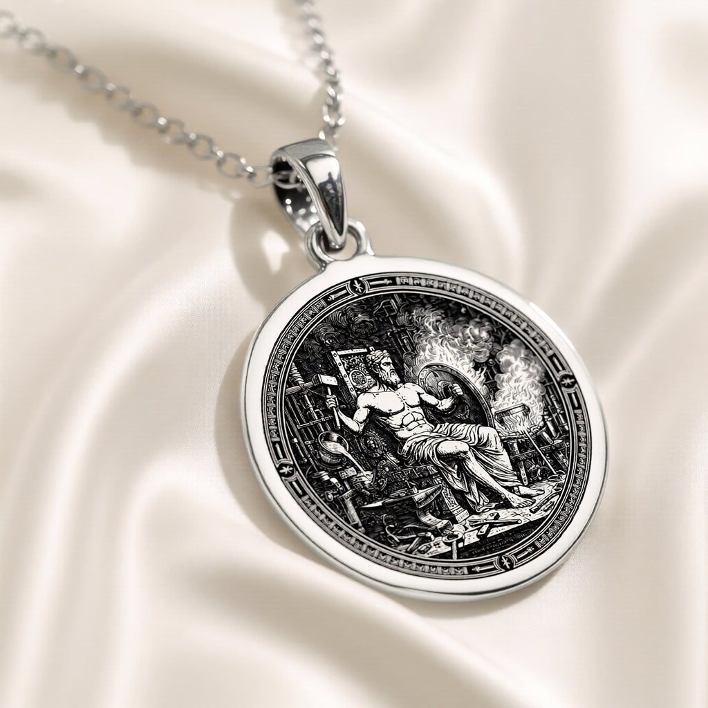Silver circular medallion pendant displaying an ancient mythological scene of a male figure. The pendant is attached to a silver chain and rests on a dark blue fabric background with white flowers.