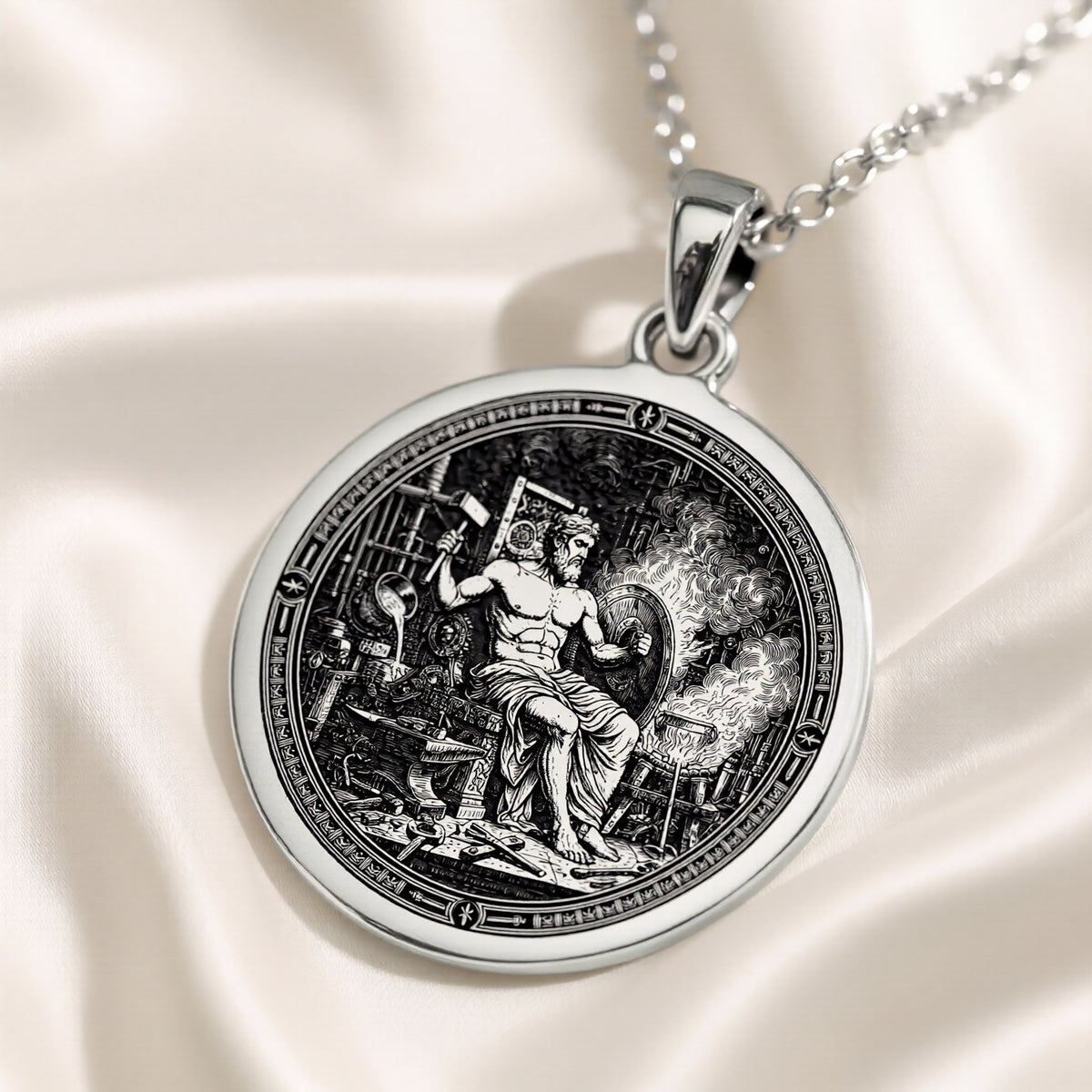 Silver circular medallion pendant showing an ancient mythological scene of a male figure. The pendant is attached to a silver chain and displayed against a dark blue background with white flowers.
