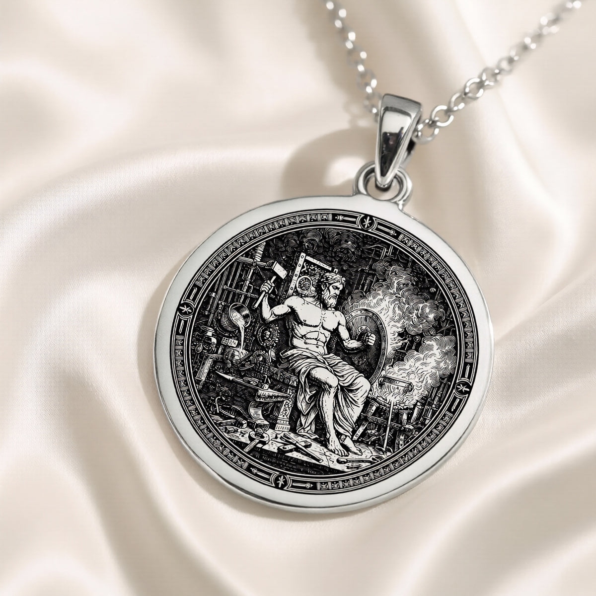 Hephaestus God of Fire Medallion Pendant — Solid 925 Sterling Silver front view