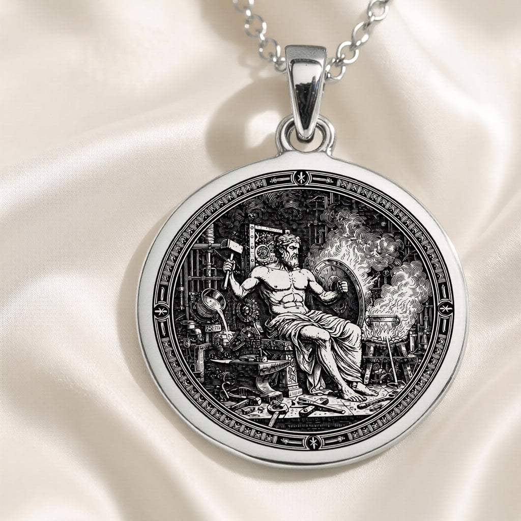 Hephaestus God of Fire Medallion Pendant — Solid 925 Sterling Silver angled engraving detail